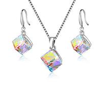 Uloveido Girl'S Square Cube Austrian Crystal Hook Earrings and Necklace Sets for Women - Conjuntos de Joyas de Compromiso de Boda de Plata esterlina 925 Color del Arco Iris (Multicolor) Y418