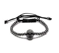 Uloveido Jet Black Latón Plateado Cubic Zirconia Pave Skull Ball Pulseras para Mujer Negro Cuerda Pulsera de Nudo Hecha a Mano Ajustable para Hombres YB003-Negro