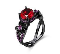 Uloveido Lady'S Black Plated Brass Red CZ Crystal Flower Ring para Mujer Anillo de cóctel de Color Negro Tamaño 14 Y357