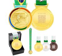 Uloveido Medalla de Oro de fútbol con Cinta Brasil, diseño Jugador en 3D, Reverso con código QR editable, Medalla Personalizada para torneos YA6969