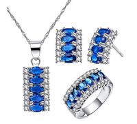 Uloveido Mujer Royal Blue Cubic Zirconia Stud Pendientes Collar y 7 Anillo de Piedra Conjunto de Joyas de Cristal Size11 T502-Azul Oscuro