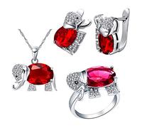 Uloveido Pendientes de Elefante Afortunado de Piedra roja Grande chapada en Oro Blanco Collar Colgante y Encanto Anillos de Aniversario Conjunto de Joyas para Mujeres Nupciales T485