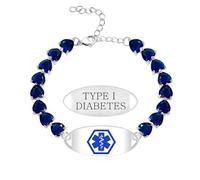 Uloveido Pulsera con Identificación Médica para Diabetes Tipo I Grabada, Cadena de Cristal con Corazón, Joyería de Alerta Ajustable para Rápida Identificación YA5731