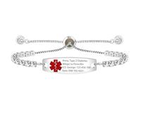 Uloveido Pulsera de alerta médica de emergencia - Pulsera redonda de tenis de circonita cúbica ajustable con cadena deslizante, adjustable, Metal, Circonita cúbica, Grabado personalizado, rojo
