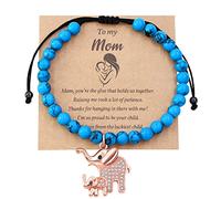 Uloveido Pulsera de buena suerte para mamá e hija o hijo, elefante para madre abuela, hecha a mano con cuentas de piedra de ágata mate, pulsera de elefante de la suerte para mamá, esposa, día de la