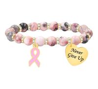 Uloveido Pulsera de concientización sobre el cáncer de mama de jaspe de cebra rosa, dije de corazón y cinta rosa, pulsera elástica de piedra natural con cuentas para mujer, regalo inspirador para el