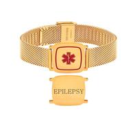 Uloveido Pulsera de Malla para Epilepsia Grabada con Banda Dorada de Acero Inoxidable, 21 cm para Mujer, Pulsera de Aviso para Urgencias YA6040