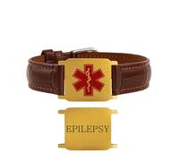 Uloveido Pulsera Médica de Cuero Marrón Estilo Vintage - Placa de Acero Inoxidable Grabada - Pulsera de Emergencia Cómoda para Adultos y Mayores Y6041