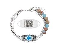 Uloveido Pulsera médica grabada con código QR personalizado para mujeres, diseño de perlas y enlaces de cadena, alerta de condición del corazón con piedra Shoushan, doble capa ajustable YA5493
