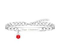 Uloveido Pulsera para Diabetes Tipo 1 | Pulsera de Identificación de Alerta Médica Roja con Grabado | Pulsera Minimalista de Cadena Cubana Impermeable | 7,5"+2" Pulsera de Emergencia Extendida