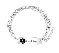 Uloveido Pulsera personalizada de alerta médica de emergencia, pulsera de cadena de eslabones ajustable de dos capas para mujeres y hombres, Medium, Metal, No es una piedra preciosa