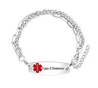 Uloveido Pulsera personalizada de alerta médica de emergencia, pulsera de cadena de eslabones ajustable de dos capas para mujeres y hombres, Medium, Metal, No es una piedra preciosa