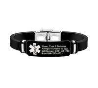 Uloveido Pulsera Segura de Silicona Negra para Mujer con Símbolo de Caduceo, Pulsera de Seguridad Multicolor, Información Sanitaria Personalizada YS6035