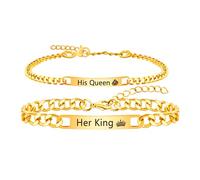 Uloveido Pulseras doradas de acero inoxidable “Her King & His Queen” ajustables, grabadas, regalo romántico para aniversario YA5889