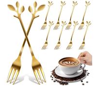 ULTECHNOVO 10 Tenedores Pequeños Dorados de Acero Inoxidable para Postres, Frutas y Cócteles, Diseño Hoja Elegante, Utensilios Multifuncionales para Buffet, Fondue y Charcutería, Uso