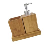 ULTECHNOVO Accesorios de Baño de Bambú Dispensador de Jabón con Bomba Vaso para Enjuague Bucal y Portacepillos Portátil Compacto y Fácil de Limpiar para Uso Doméstico y