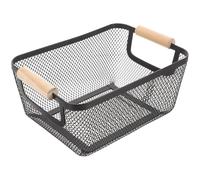 ULTECHNOVO Cesta de Alambre de Metal Negra Pequeña Asa de Madera, Organizador Rectangular para Baño y Hogar, Cesta de Almacenamiento Resistente y Funcional para Ordenación Diaria