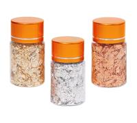 ULTECHNOVO Juego de 3 Botellas de Copos Metálicos para Decoración de Uñas, 3 G por Botella, Láminas de Papel de Aluminio Dorado, Plateado y Cobre para Manicura Diy, Suministros para Arte