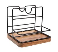ULTECHNOVO Servilletero de Mesa Negro de Hierro Base de Madera Natural Dispensador Vertical de Servilletas y Organizador de Condimentos para Cocina y Comedor Soporte Independiente para