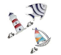 ULTECHNOVO Set de 3 Metálicos de Peces y Faro, Decoración Tropical para Solapas, Ideales para Bolsos, Sombreros y Ropa Náutica Femenina
