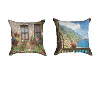 Ulticool - Funda de cojín - Vista a través de Las Plantas Flores Naturaleza Montañas - Juego de 2 Motivos - 45 x 45 cm - Funda de Almohada para sofá/Cama - Azul Marrón