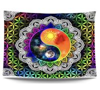 Ulticool Mandala Yin Yang - Tapiz de pared Glow in the Dark - luz negra bajo rayos UV reactiva, luz negra neón - Luz negra psicodélica en la oscuridad - 200 x 150 cm