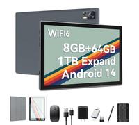 Última tableta Android 14 con WIFI6, 8 GB de RAM (4+4 virtual) + 64 GB ROM + 512 GB ampliable, Octa-Core 2 en 1 con teclado, batería de 7000 mAh, pantalla de 10.1 pulgadas, Bluetooth/funda/mouse