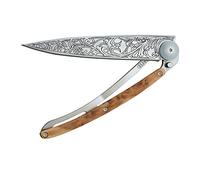 Ultra-light folding pocket knife with belt clip - Juniper Wood 1.3 oz version - Thin and sharp blade - Art Nouveau design - Stainless steel - Elegant and modern design