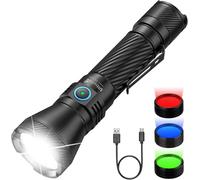 UltraFire Linterna LED recargable de 1800 lúmenes, 4 colores de luz táctica rojo/verde/azul/blanco, 4 modos, interruptor dual, 1804 pies, IPX8, resistente al agua, cable USB-C, linterna de caza de