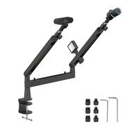 ULTRARM Brazo de micrófono de perfil bajo 3 en 1, soporte de escritorio para micrófono con brazo de extensión, adaptador de cámara web, montaje de abrazadera, gestión de cables, adaptador de tornillo,