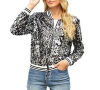 Ultrasport Abrigo de mujer de invierno con cuello en V, cremallera, patchwork, lentejuelas, manga larga, chaqueta casual para mujer, Negro , L