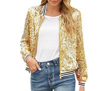 Ultrasport Abrigo de mujer de invierno con cuello en V, cremallera, patchwork, lentejuelas, manga larga, chaqueta casual para mujer, dorado, S