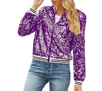 Ultrasport Abrigo de mujer de invierno con cuello en V, cremallera, patchwork, lentejuelas, manga larga, chaqueta casual para mujer, morado, M