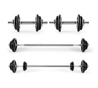 Ultrasport Juego Mancuernas y Barra larga 30 KG, compuesto por 2 mancuernas, barra de conexión para barra larga más 10 discos, 4 cierres de estrella, juego de mancuernas, juego de pesas