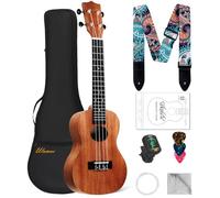 Ulumac Ukelele soprano, kit de ukelele de caoba maciza de 21 pulgadas para principiantes para niños con bolsa de concierto, afinador digital, cuerdas de reemplazo, 3 púas de guitarra, correa, tela