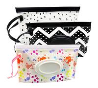 ULVBABI Paquete de 3 dispensadores portátiles de toallitas húmedas, bolsas reutilizables para desechar pañales de bebé, soporte dispensador de embrague personal recargable de viaje (onda, plumas y