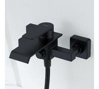 Ulytid Grifo Bañera Negro en Cascada, Grifo Mural de Latón para Ducha y Baño, Mezclador Monomando para Bañera Universal 1/2" Salida Inferior, Fácil de Instalar