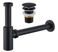 Ulytid Sifón de Diseño con Desagüe Lavabo sin Rebosadero, Sifón Lavabo Negro Universal con Abertura de Limpieza, Altura Ajustable, Válvula Click Clack Lavabo para Baño y Aseo
