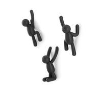 Umbra Buddy Ganchos Percheros de Pared, Set de 3, Negro | Incluye accesorios de montaje, apto para entrada y baño, capacidad 2.2 kg, plástico reciclado
