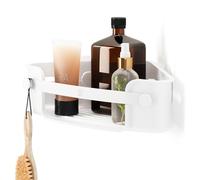 Umbra Flex Esquina de ducha adhesiva para baño, blanca, Blanco | Colocación en azulejos y hormigón, sin dañar, orificios drenaje, espacio champú y jabón, ganchos esponjas, ABS reciclado