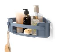Umbra Flex Estante de esquina adhesivo para ducha, Azul pizarra | Colocación en azulejos y hormigón, sin dañar, orificios drenaje, espacio champú y jabón, ganchos esponjas, ABS reciclado