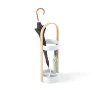 Umbra Portaparaguas Paragüero, Acero Inoxidable, Blanco/Natural | Base de resina resistente al agua, asidero de madera curvada, 4 divisiones y 2 ganchos, cabe en múltiples espacios