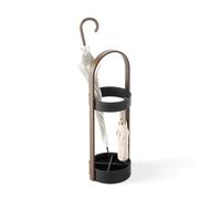 Umbra Portaparaguas Paragüero, Acero Inoxidable, Negro/Nogal | Base de resina resistente al agua, asidero de madera curvada, 4 divisiones y 2 ganchos, cabe en múltiples espacios