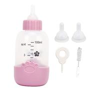 UMDHAIYI Botella de leche para cachorros y gatitos, 100 ml, con 3 pezones y cepillo de limpieza, funda de silicona antiescaldaduras para el cuidado de hámsters (rosa)