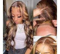 UMEGIRL Pelucas de cabello humano ondulado con cierre de encaje HD de 26 pulgadas, 5 x 5 pulgadas, sin pegamento, prearrancadas, P4/27, color rubio miel con reflejos degradados, densidad del 180 %