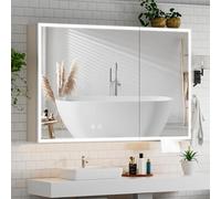 Umeiga Botiquín de baño totalmente montado con luz LED con espejo, espejo de baño de 24 x 32 pulgadas con almacenamiento, empotrado o montado en la pared, espejo de aluminio con luces, color crema