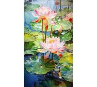 Umfarvt 5D Diamond Art Painting,Lotus Pond diamond painting Kits for Adults,DIY Round Full Drill Canvas Embroidery Cross Stitch,Diamond Arts Crafts Painting Pictures for Home Wall Decor 40x90cm