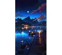 Umfarvt 5D Diamond Art Painting,Night View Lake diamond painting Kits for Adults,DIY Round Full Drill Canvas Embroidery Cross Stitch,Diamond Arts Crafts Painting Pictures for Home Wall Decor 40x90cm