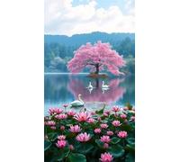 Umfarvt 5D Diamond Painting Kit Completo,Lago del árbol de loto Diamond Art Kits para Adultos,DIY Round Drill Rhinestone Bordado Punto De Cruz Artes Manualidade Para Decoración de Pared 40x90cm