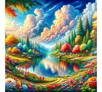 Umfarvt 5D Flowers Lake Diamond Painting Kits for Adults Kids,DIY Square Full Drill diamond art painting kits,Canvas Embroidery Diamond Art Craft for Home Wall Decor 80x80cm
